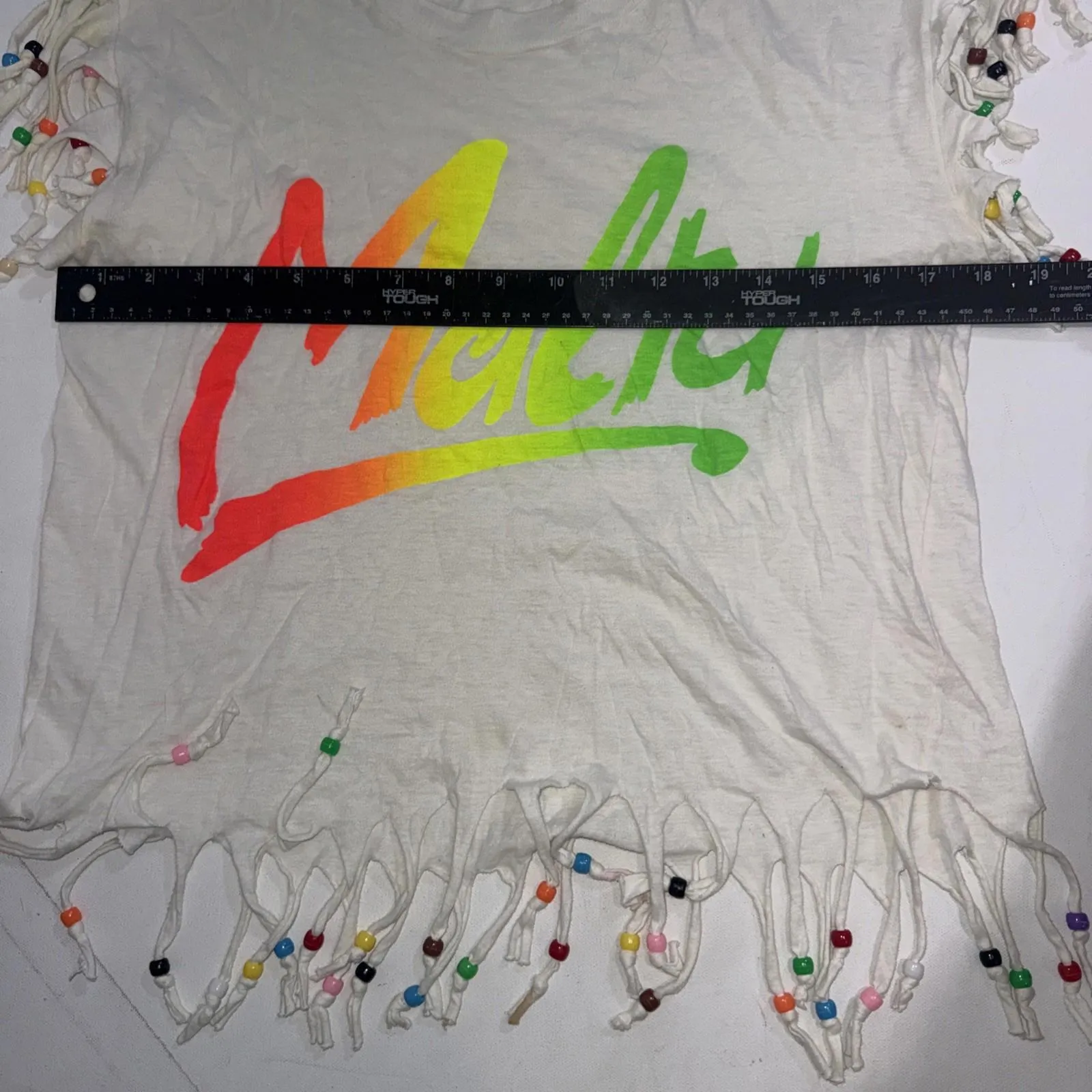 Vintage Windswept Beaded Crop Beach Boho Tropical Melted Cover Up Swim Tee Med White - Image 8