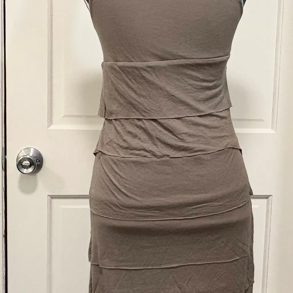 NY & Co Sleeveless Tank Dress Cocktail Club Wear Tiered Ruffle Asymmetrical Sexy Tan Size XS - Image 4