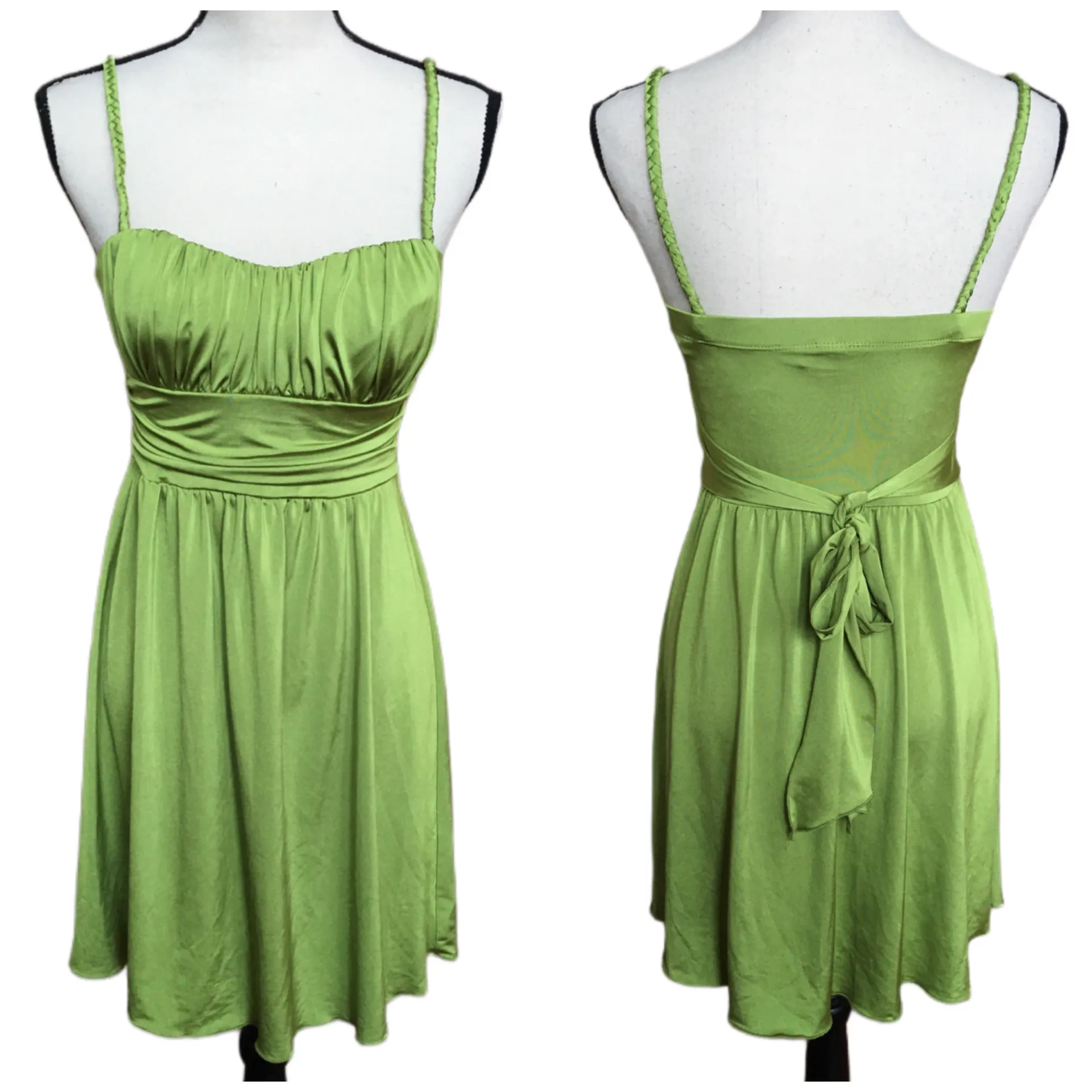 2000s Y2K Stretch Chartreuse Green Bright Spaghetti Strap Dress S - Image 3