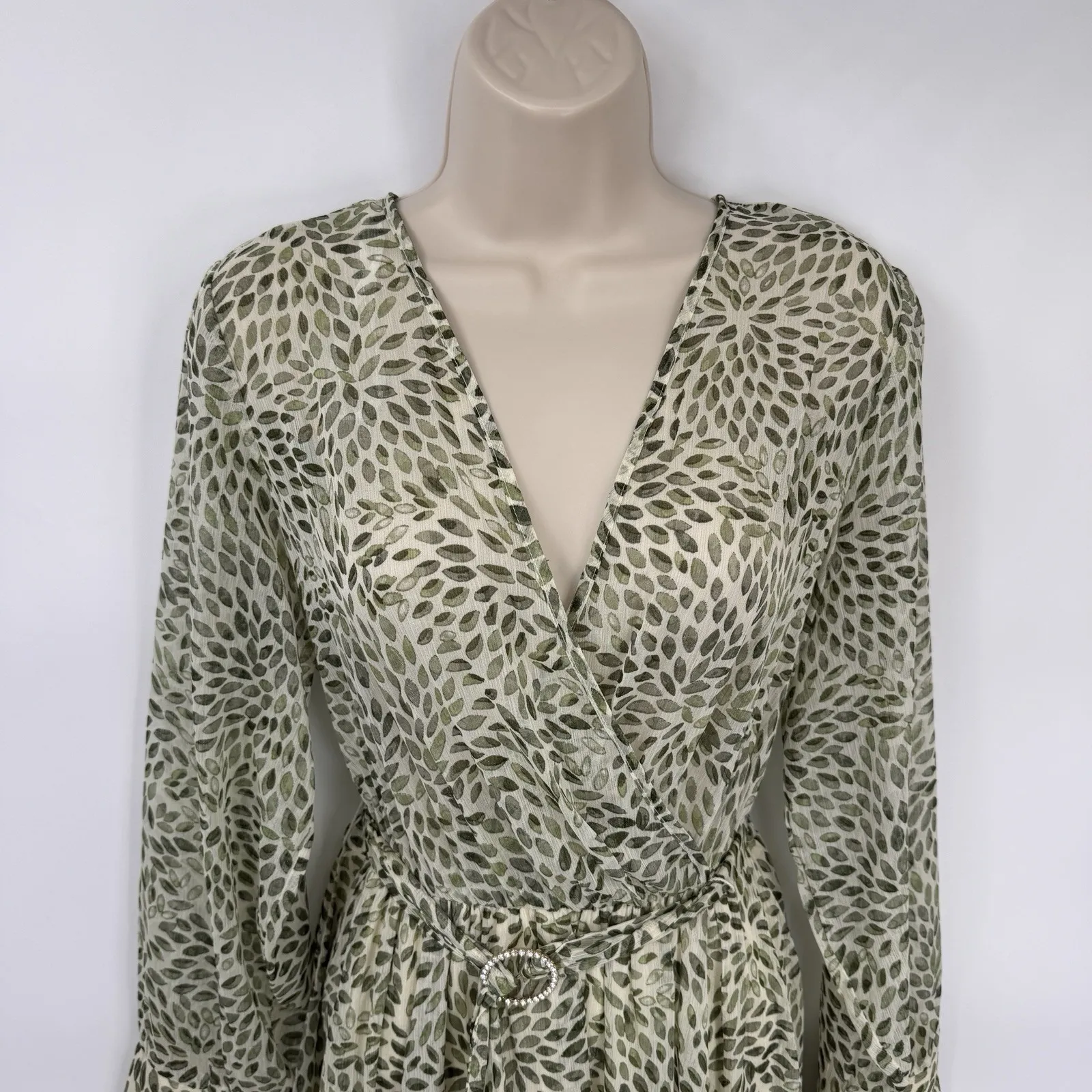 Alexa B Sheer Maxi Dress Womens 8 Green Leaf Print Rhinestone Belt Polyester - Image 3