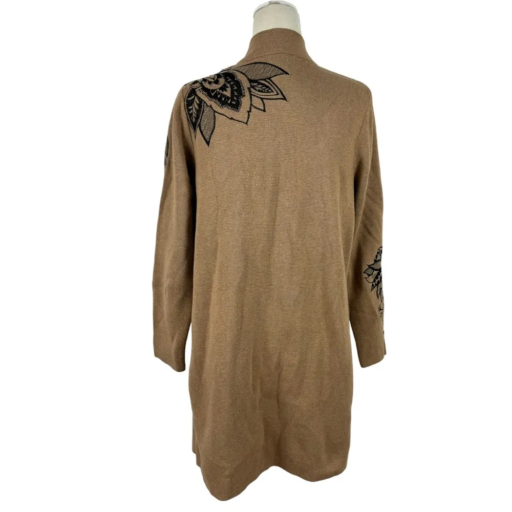 Chico's Floral Embroidered Sweater Long Duster Cardigan Jacket Tan Size Large - Image 11