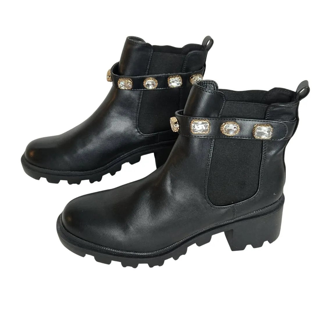 Mata Faux Leather Jeweled Embellished Pull On Chunky Heel Ankle Boot Sz 11 NWOB Black - Image 2