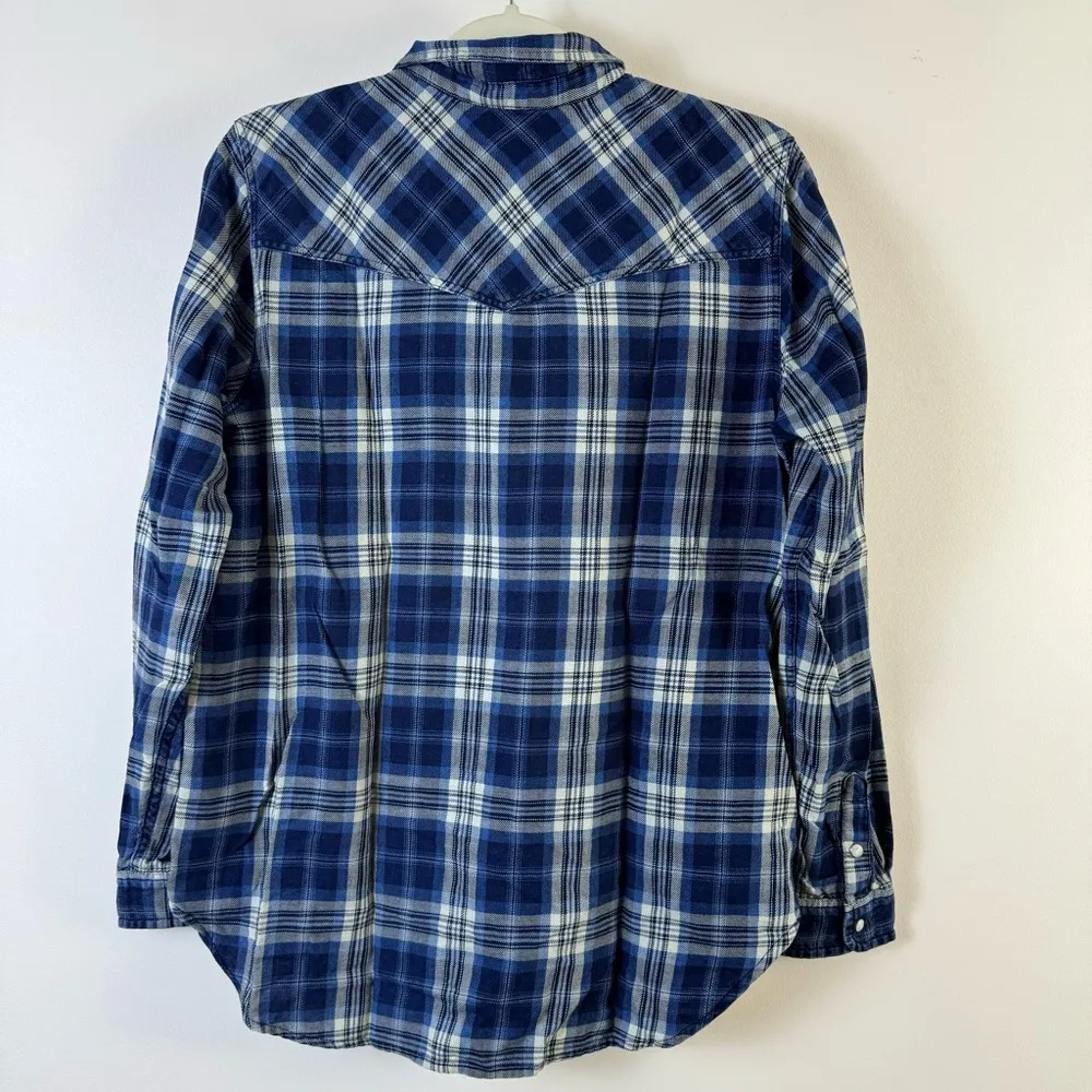 American Eagle AE Boyfriend Fit Flannel Pearl Snap Blue Plaid Medium Gorpcore - Image 4