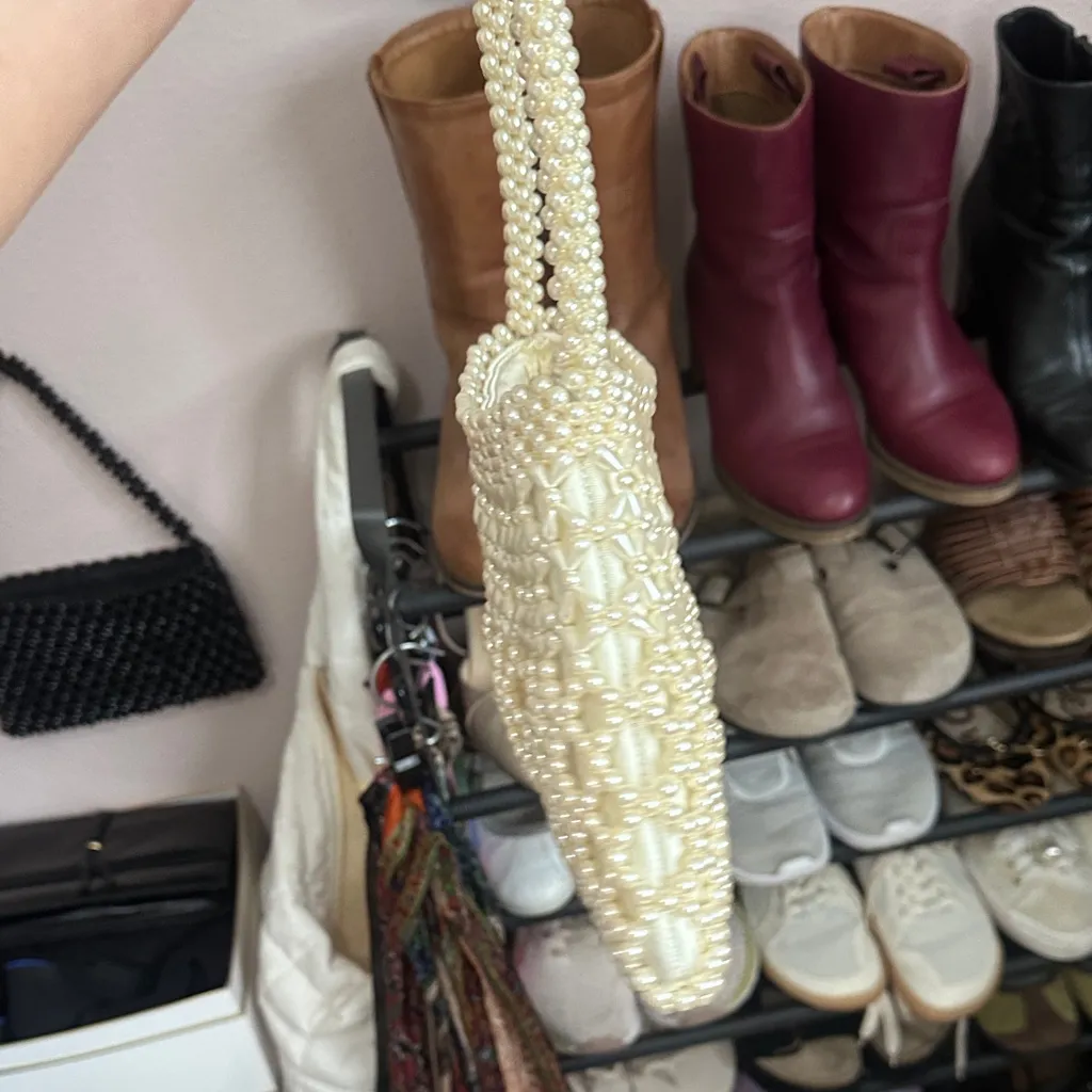 Vintage Pearl Knit Beaded Cream Shoulder Bag - Image 7