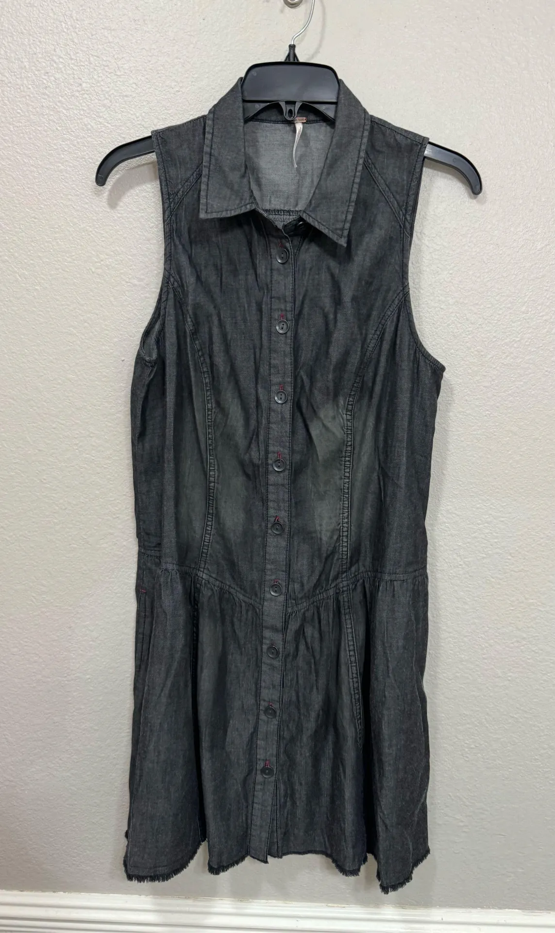 Free People Black Washed Denim Button up Distressed Dress- Size Medium - Image 3