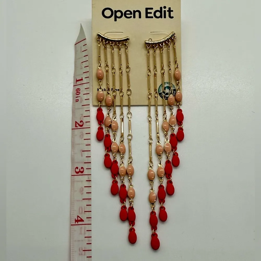 Open Edit Red and Gold Chandelier Long Dangle Earrings - Image 3
