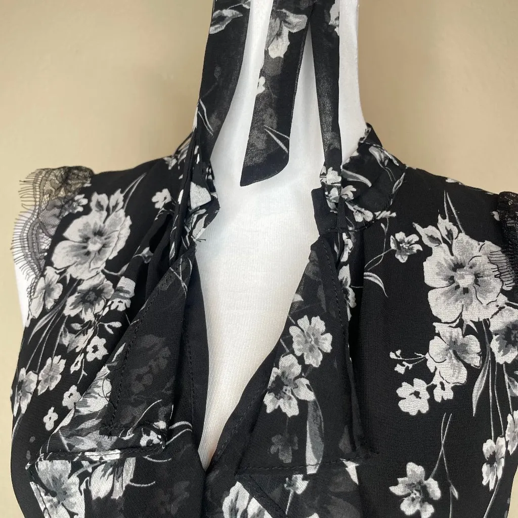 Black Floral Lace Cap Sleeve Tie Neck Lightweight Blouse Medium Career - Image 5