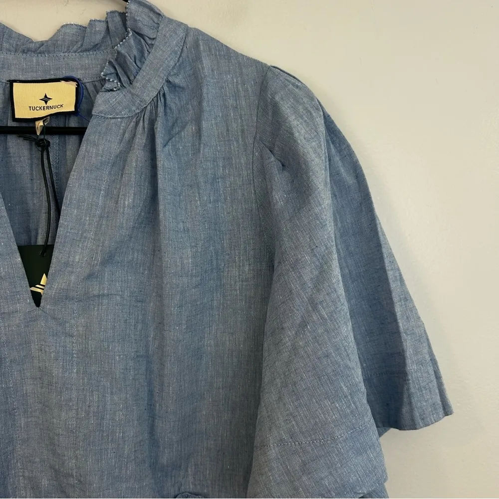 NWT Tuckernuck Chambray Crawford Blue Tiered Linen Blend Ruffle Mini Dress Small - Image 7