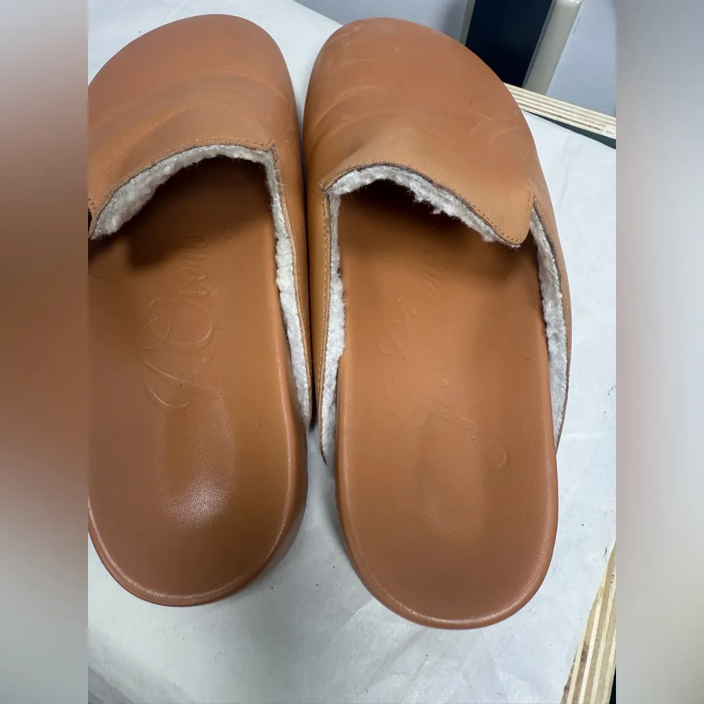 J Crew Pacific Toasted Wheat Sherpa Lined Leather Women’s Mules Clogs Slide 9.5 - Image 5