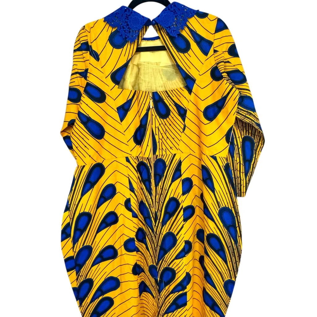 Vibrant African Print Yellow and Blue Long Sleeve Dress with Collared Beading Size M - Image 3