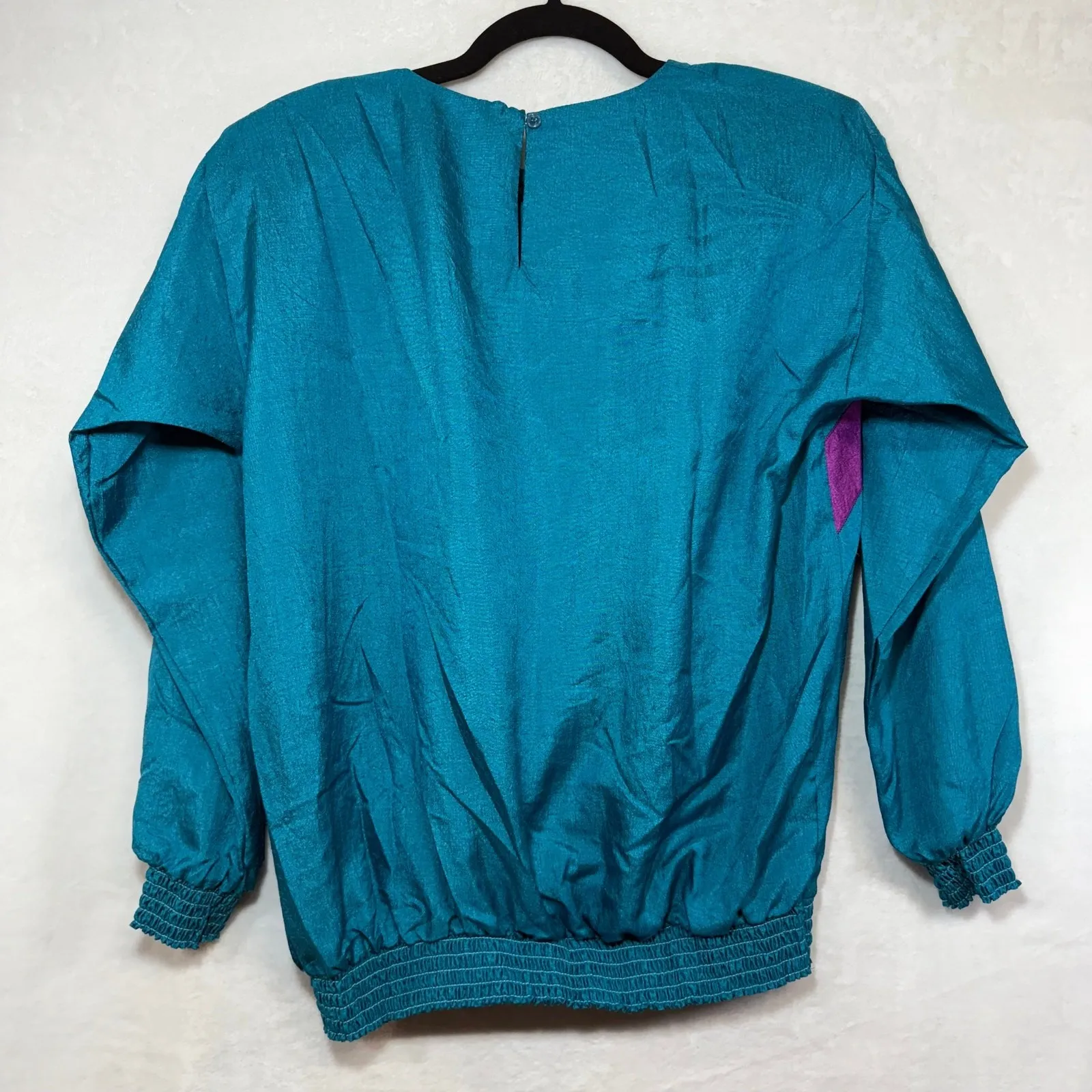 Vintage 80s Cervelle L Blouse Teal Purple Flower Sequin Kidcore Bold Funky USA Blue Size L - Image 4