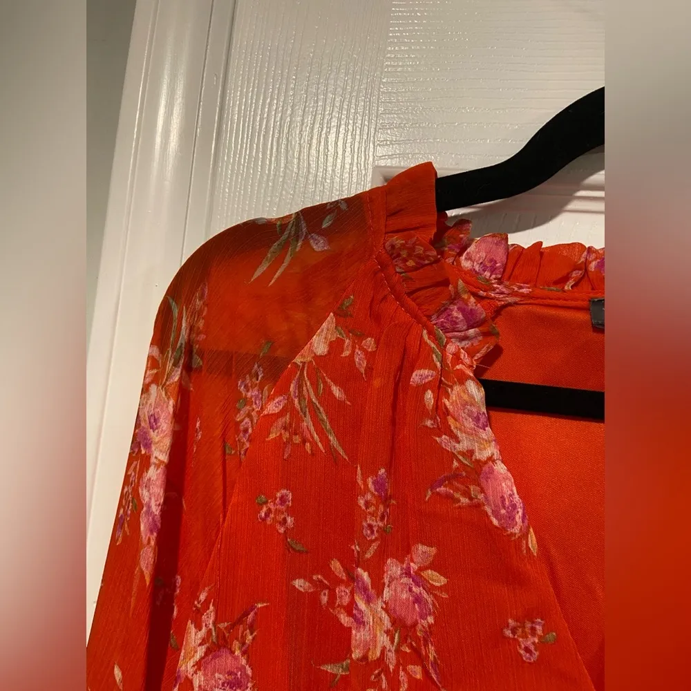 NWT Vince Camuto Size M Orange Floral Ruffle Flowy Long Sleeve Sheer Mini Dress - Image 3
