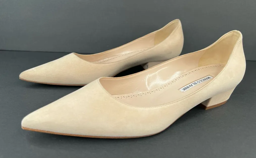 Manolo Blahnik Lista Beige Suede Low Block Heel Pointed Toe Pumps Size EU 40 - Image 1