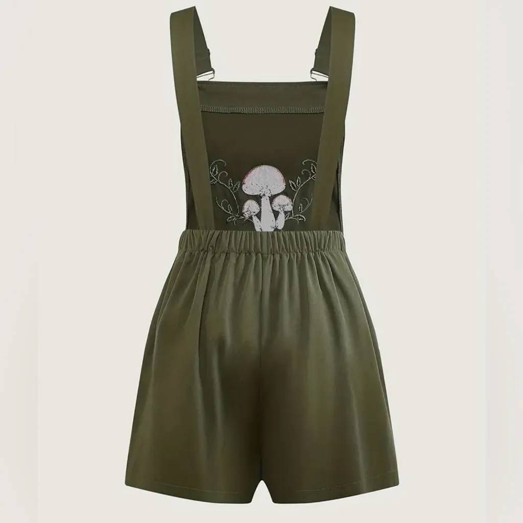 Mushroom Embroidered Olive Green Wide Leg Overall Jumpsuit Romper Shorts NWT L Size L - Image 2