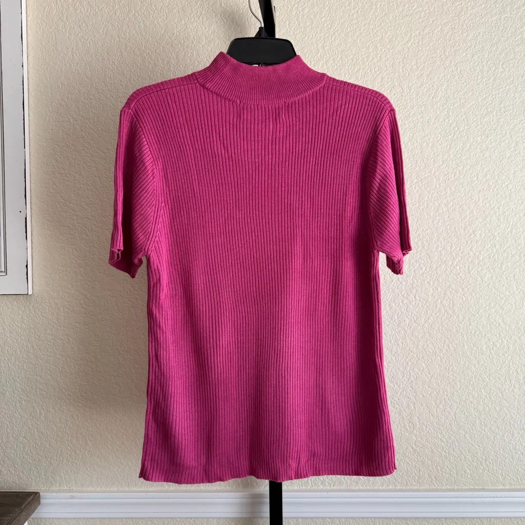 Vintage Hot Pink Ribbed Knit Short Sleeve Sweater Women’s Medium Top Pullover - Image 6