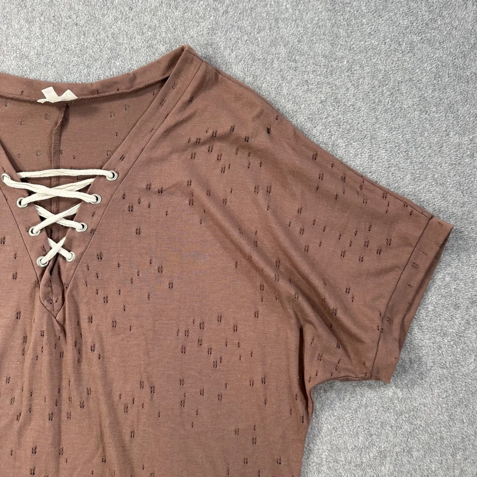 Buckle Tattered Lace Up Tee Shirt Women's Small Brown Short Sleeve Distressed - Image 2