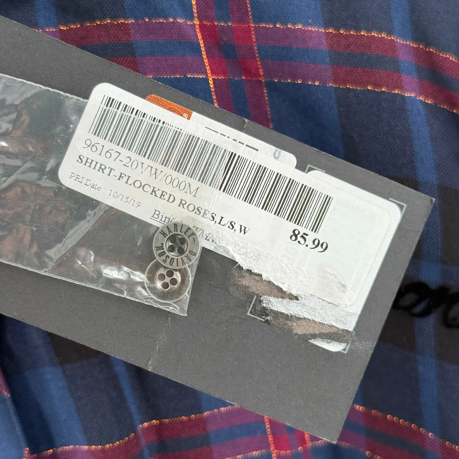 HARLEY DAVIDSON Shirt Medium Womens Flocked Roses Plaid Motorcycle Button NWT Blue - Image 5