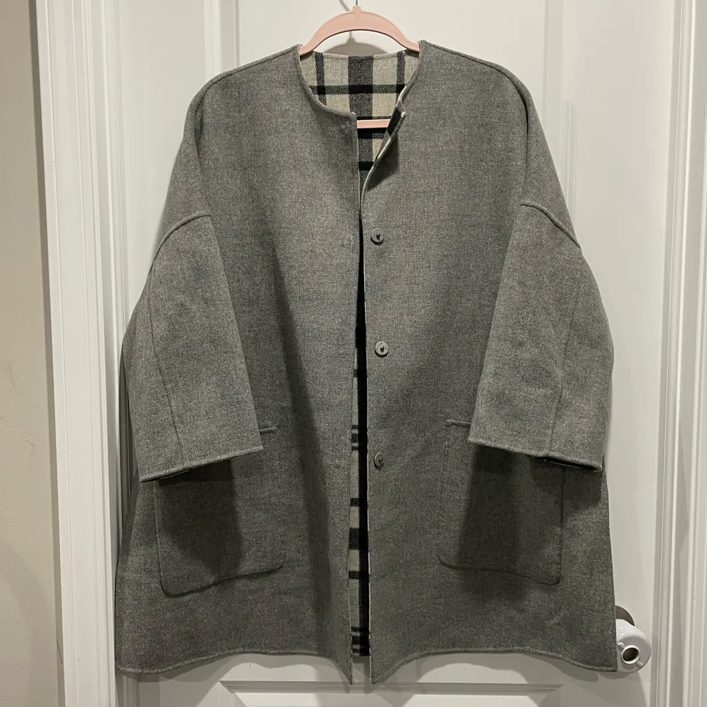 Rare MaxMara Weekend Reversible Checked Gray Black Cream Plaid Wool Coat Size S - Image 14