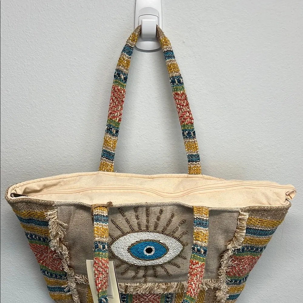 Antik Kraft | Multi-Color/Canvas Beaded Evil Eye Boho Tote Bag - Image 7