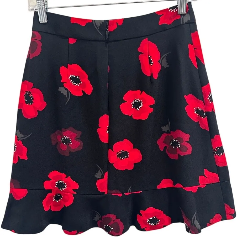 Kate Spade Red Black Poppy Print Ruffle Flounce Hem Crepe Mini Skirt Sz 0 Preppy - Image 2