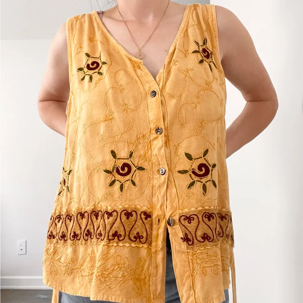 Vintage Embroidered Yellow Boho Tank Top Size M - Image 3