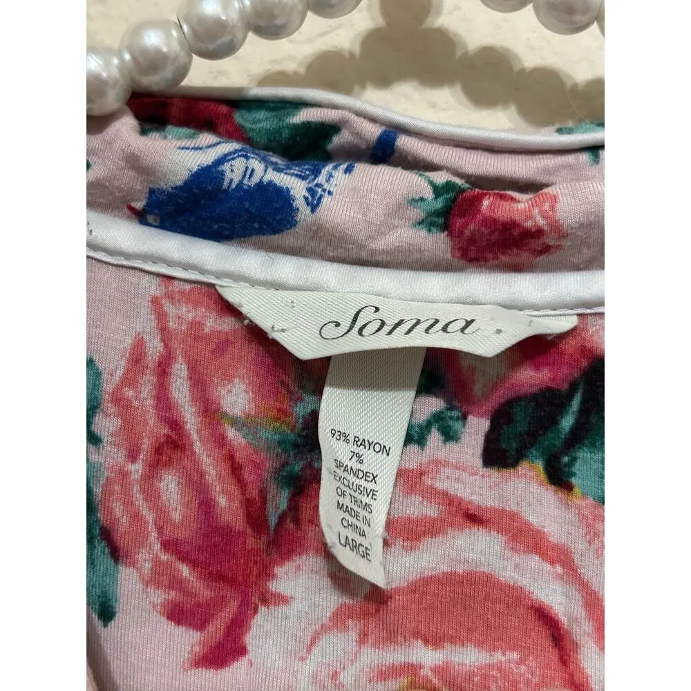 Soma Size Large Pink Floral Pajama Top Long Sleeve Cooling Rayon Button Front - Image 3