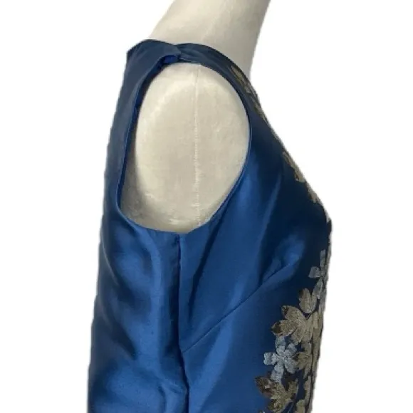 Classic Sheath Dress Sleeveless Blue Gold Silver Metallic Floral Women’s Size 12 - Image 7