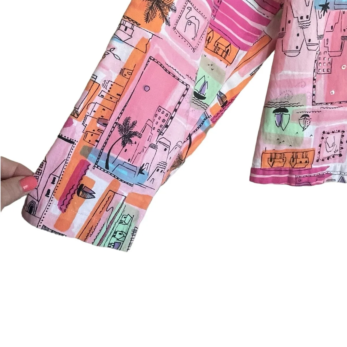 New Direction Women Cotton Top‎ L Multicolor Artsy Novelty Travel Print Jacket - Image 5