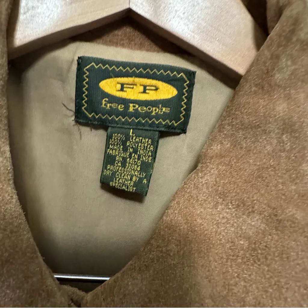 Free People VTG Camel Suede Snap Button Long Trench Jacket Boho Western Large - Image 4