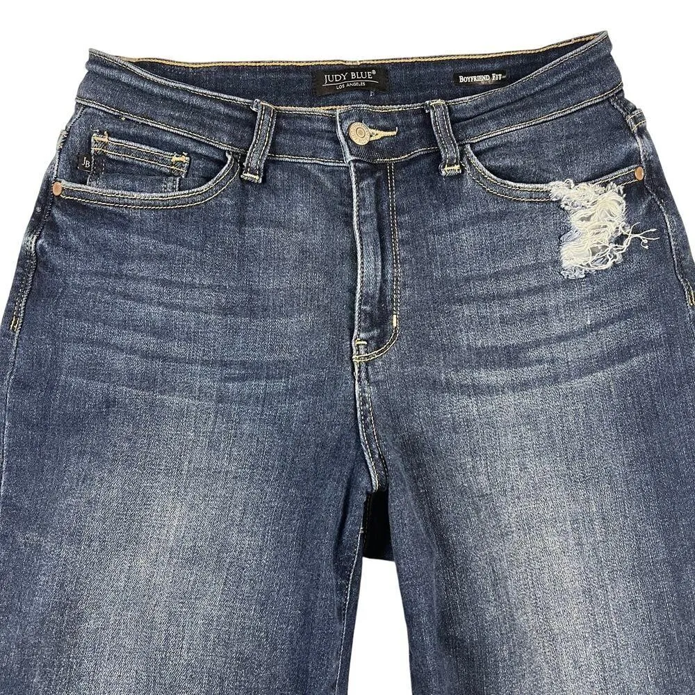 Judy Blue Boyfriend Fit Distressed Jeans Mid Rise 29” Inseam Size 7/28 - Image 2
