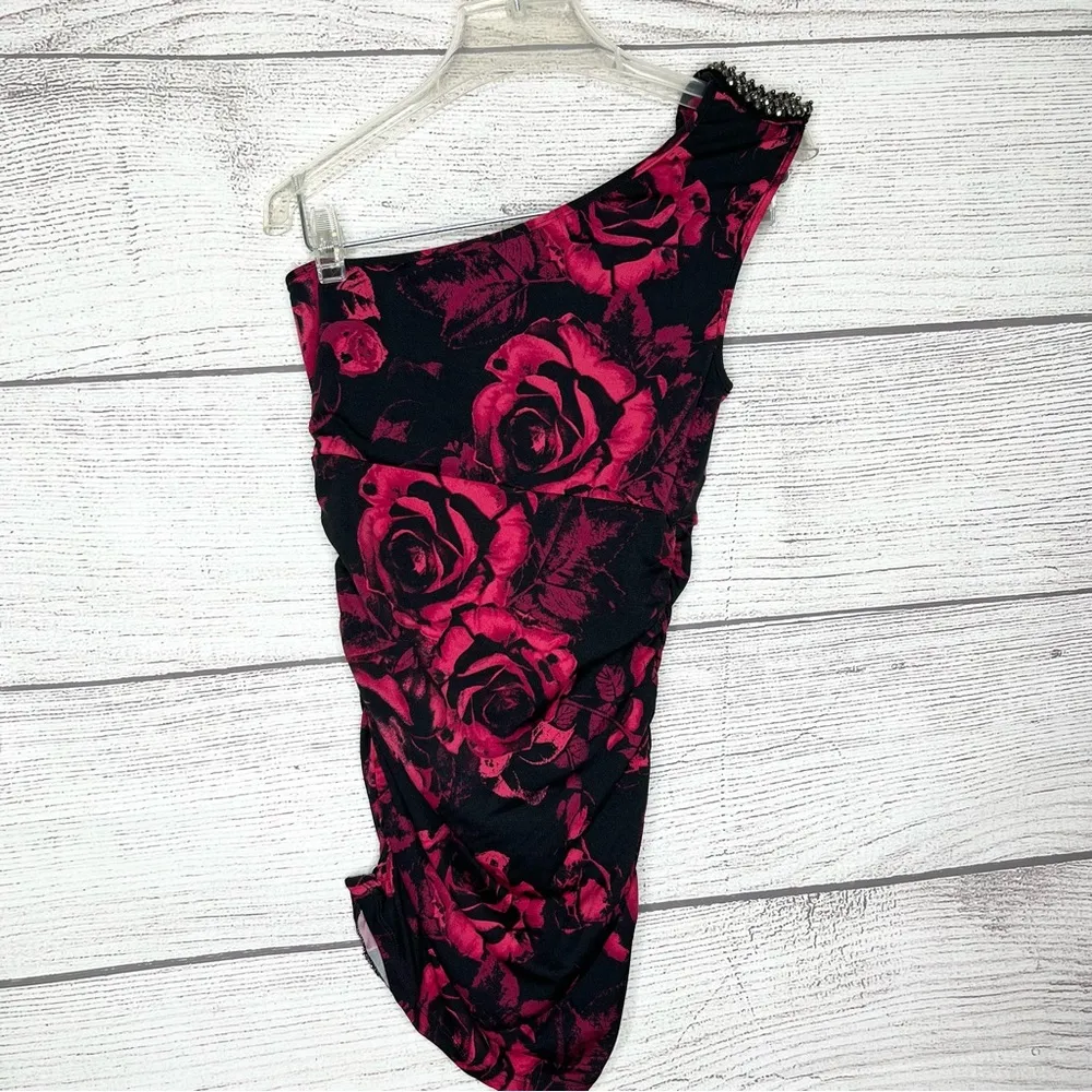 Vintage Y2K Black & Pink Floral One-Shoulder Ruched Side Top Size XS Wet Seal - Image 7