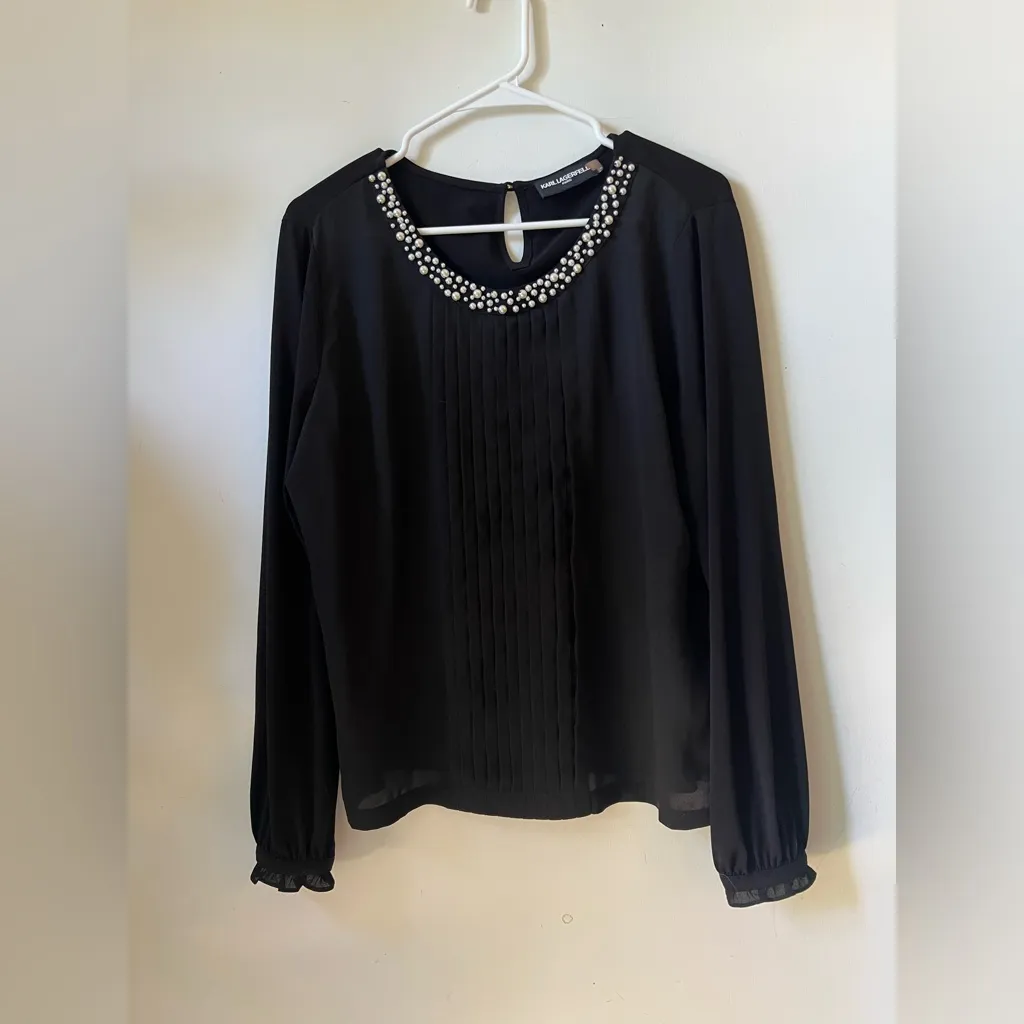 Karl Lagerfeld Paris Black Pearl Embellished Pleated Blouse Women’s Size L - Image 2