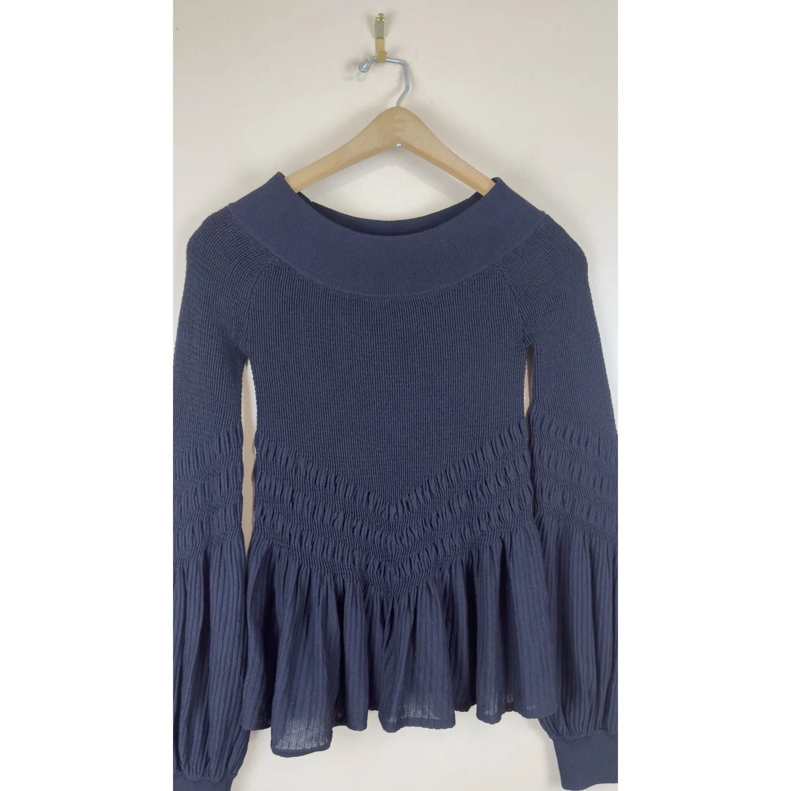 Jonathan Simkhai Black Ribbed Peplum Top, Long Puff Sleeves, Boat Neck, Size S - Image 2