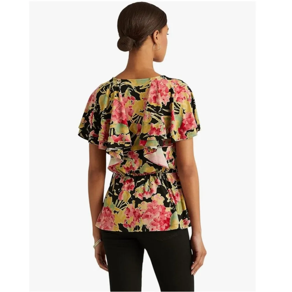 Ralph Lauren Floral Ruffle Trim Surplice Jersey Top in Black, NWT, Size L Orange Size L - Image 4