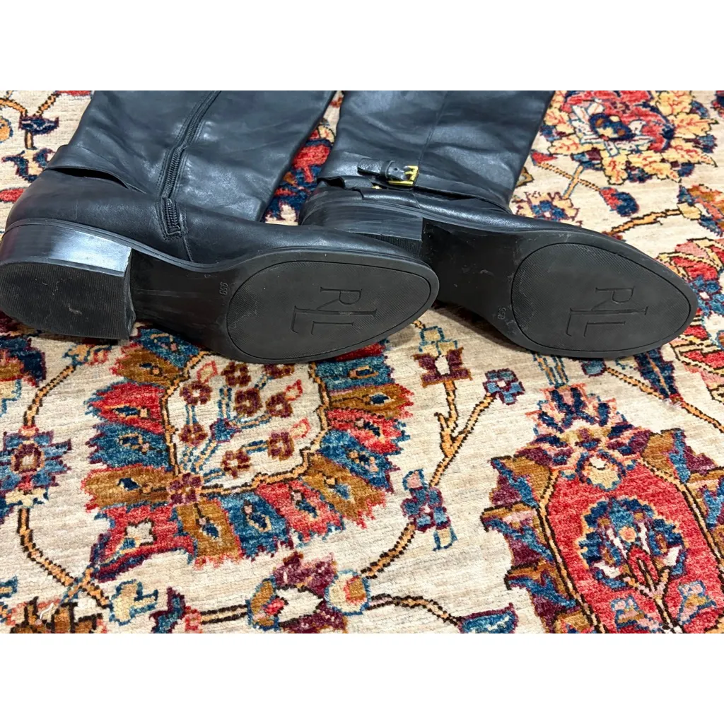 Lauren Ralph Lauren Black Leather Riding Boots Gold Buckle Tall Zip Size 9.5 - Image 6