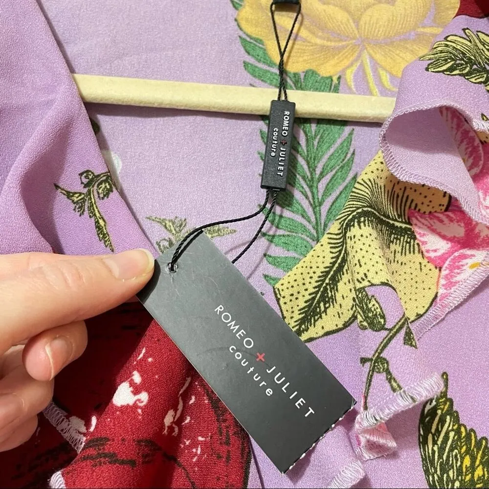 Romeo & Juliet Couture Purple Floral & Bird Print Ruffle Mini Dress Womens M - Image 11