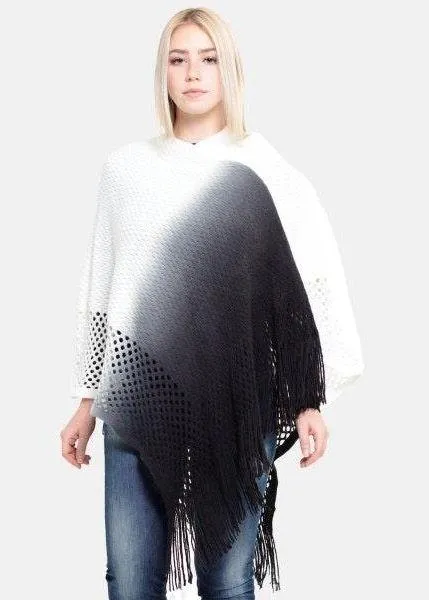 Black Ombre Waffle Knit Poncho With Fringe Tassels - Image 3