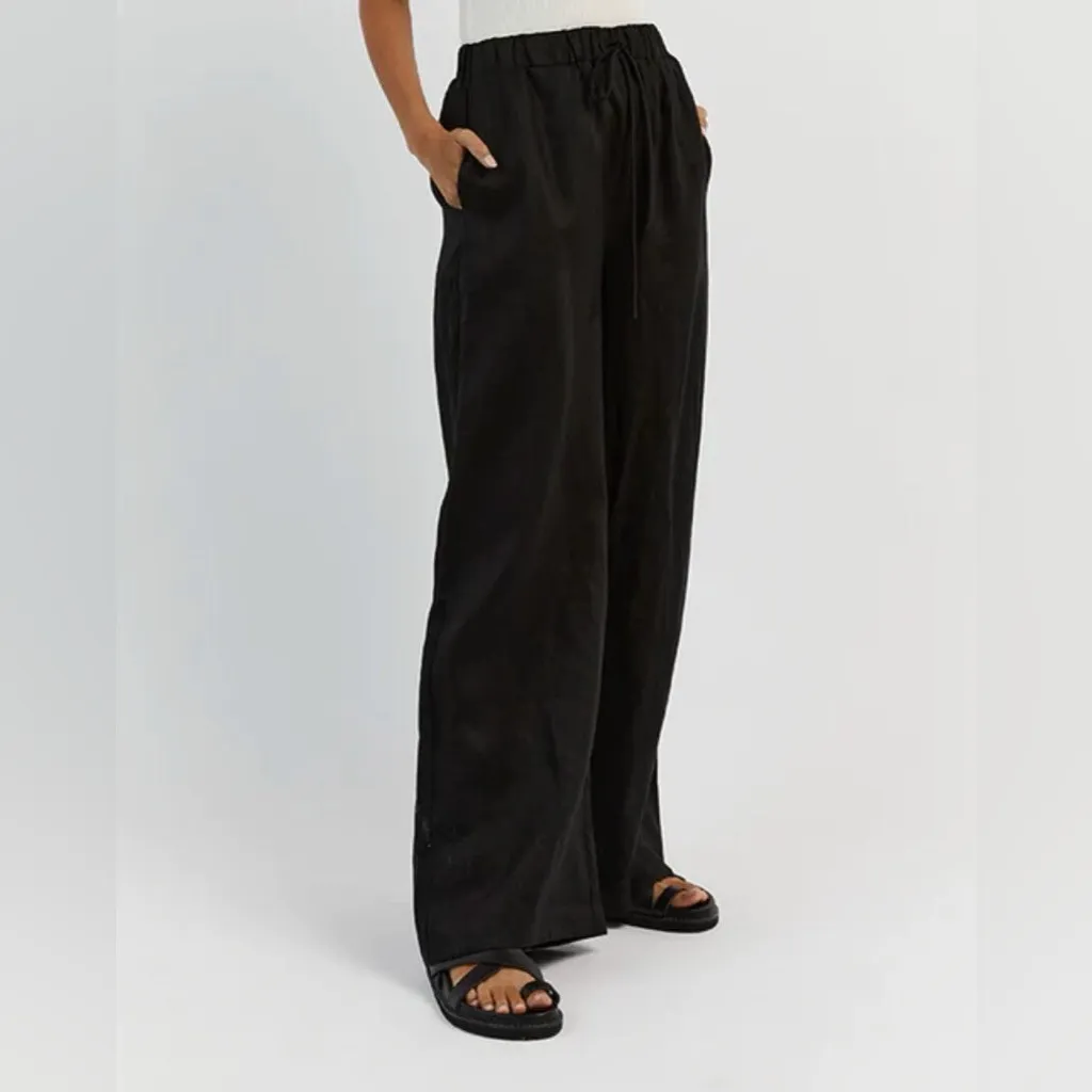 DISSH Gina Black Lined Wide Leg Linen Pants Drawstring Size 6 - Image 7