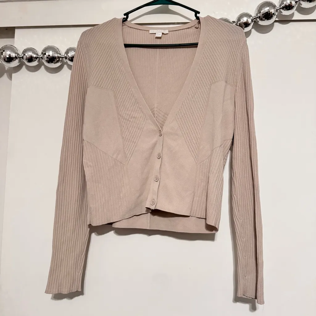 COS Rib Knit Viscose Button Up Cardigan Beige - Image 2