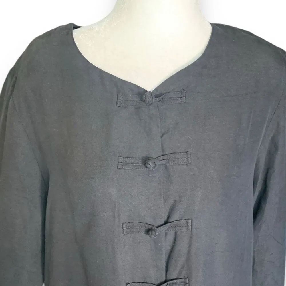 Vintage Anne Larsson Oversized Black Silk Top Long Sleeve Knot Buttons Asian Black - Image 3