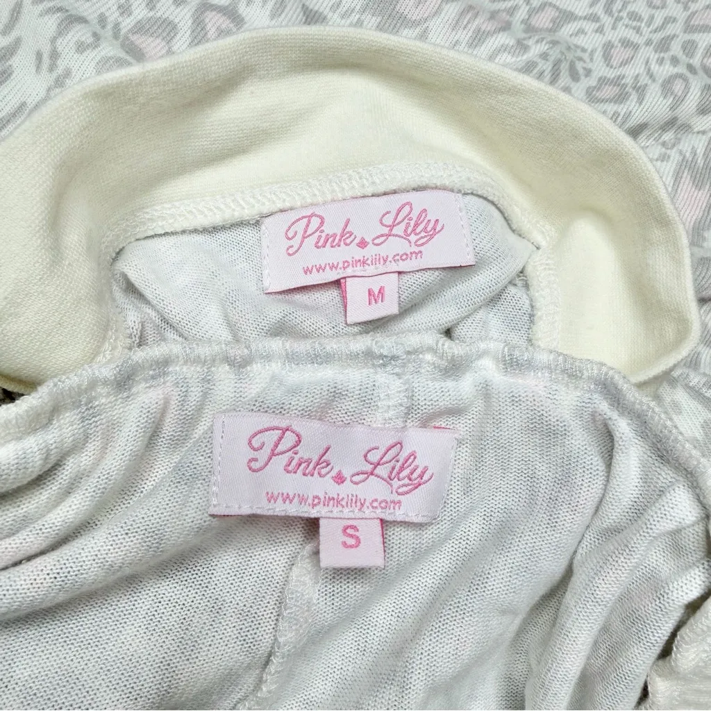 Pink Lily Leopard Print V-Neck Loungewear Set Small Medium S/M Cream Grey Pink - Image 5