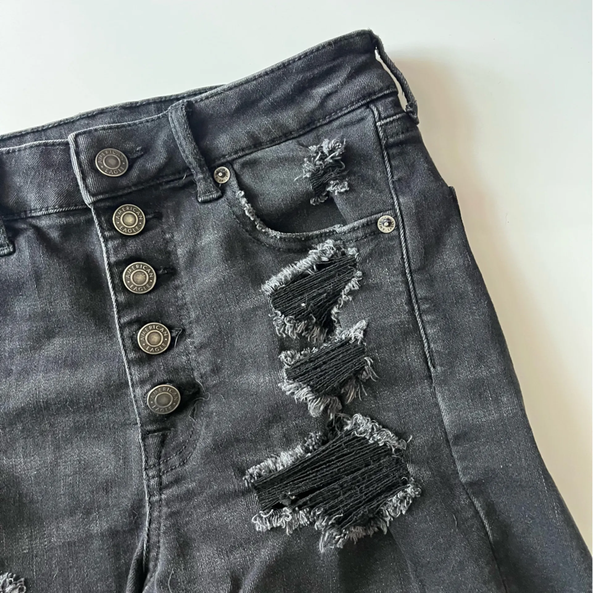 American Eagle • Distressed Washed Black Button Fly Super High Rise Shorties - Image 2