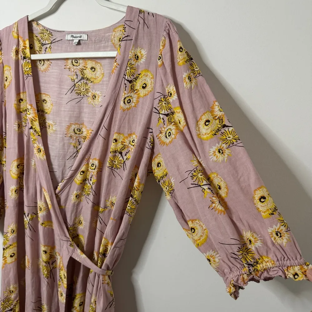 Madewell Linen Blend Floral Wrap Dress Size Large Ruffle-Cuff Dutch Dandelions - Image 5