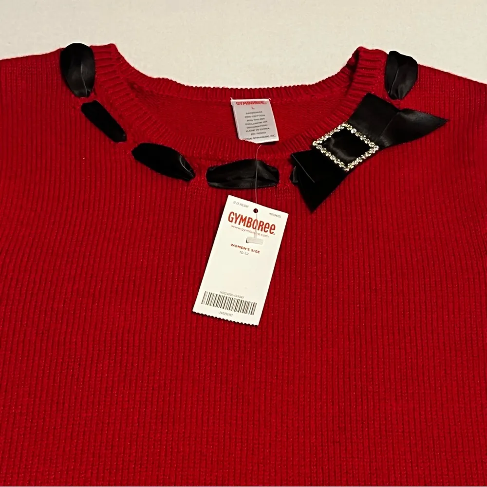 Gymboree Womens SZ Large Red Short Sleeve Sweater Black Ribbon Collar Preppy NEW - Image 2