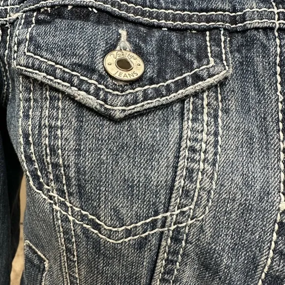 Vanity Distressed White Top‎ Stitch Blue Jeans Jacket Size M Size M - Image 5