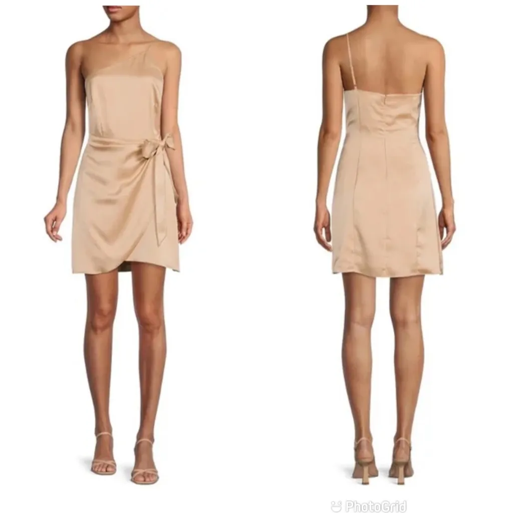 GIANNI BINI Tan Beige Satin One‎ Shoulder Mini Dress Party Cocktail Size 4 New - Image 3