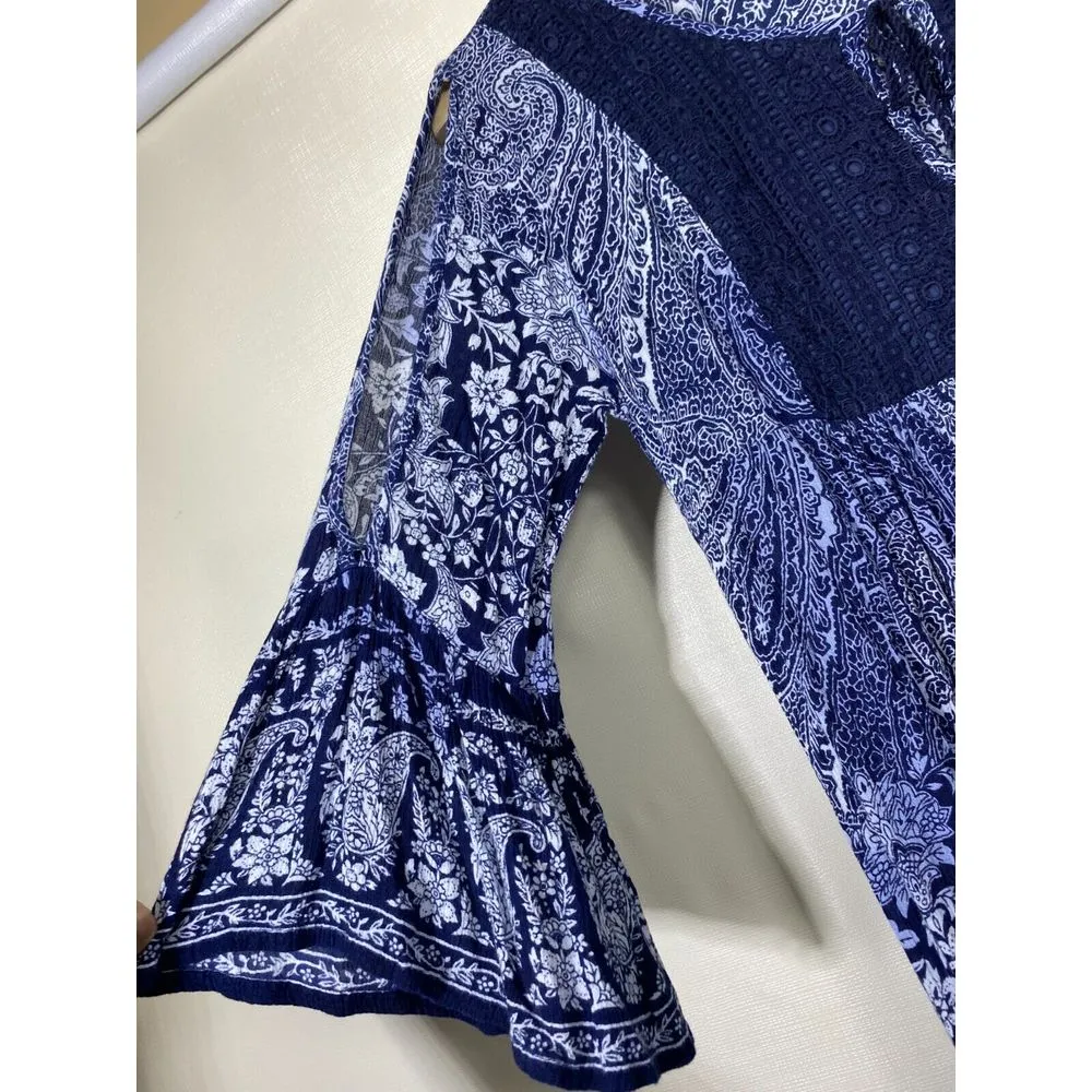 Patrons Of‎ Peace Boho Floral Cold Shoulder Flare Sleeve Mini Dress XS Crochet - Image 6