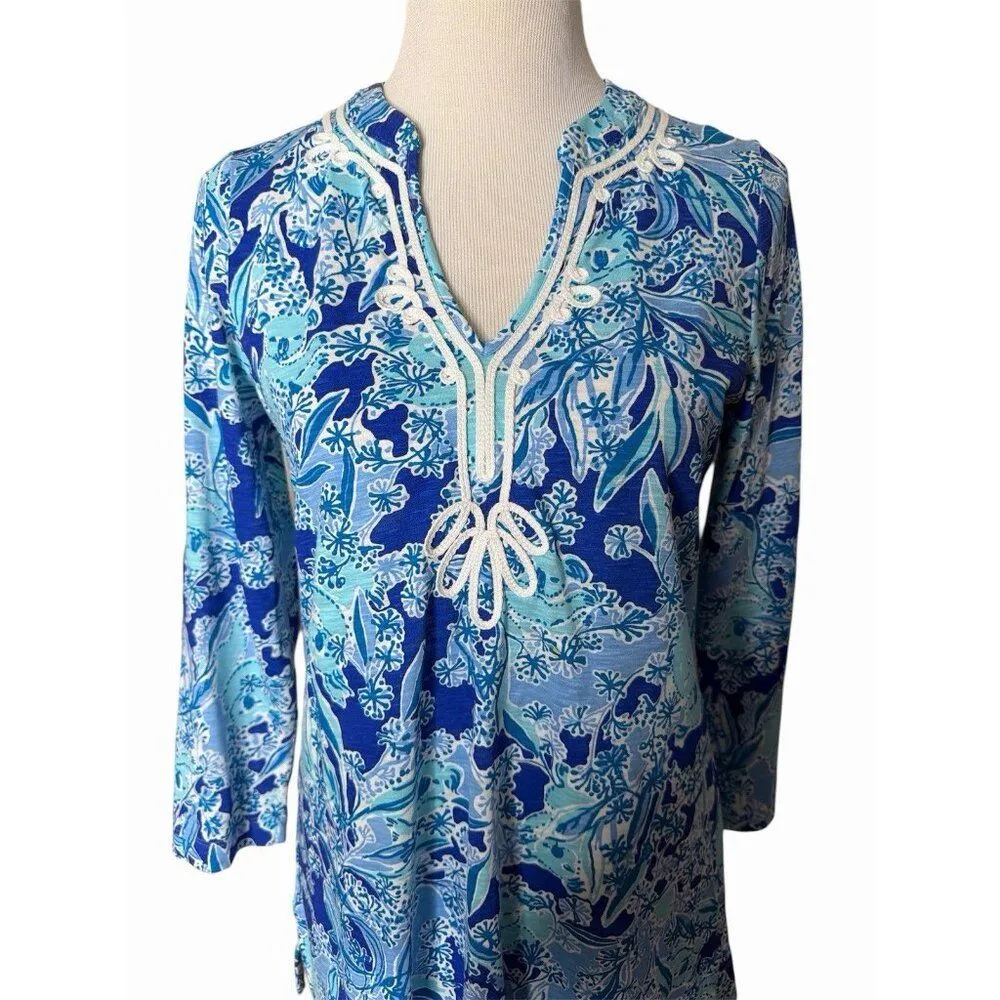 Lilly Pulitzer Top Womens S Blue Floral Kaia Tunic Embroidered Tropical Resort - Image 2
