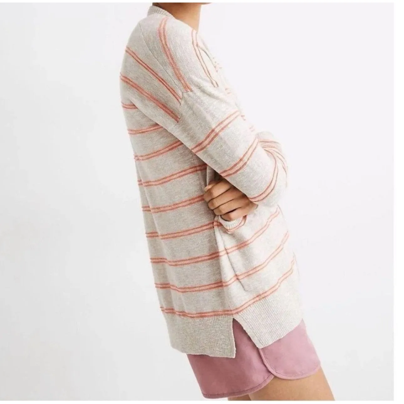 Madewell Bradley Cardigan Sweater in Textured Stripe Size XS oatmeal/coral - Image 2