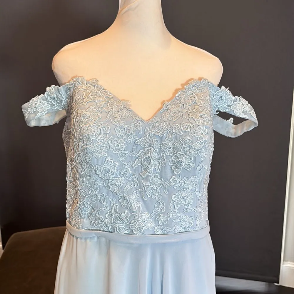 Women’s Pale Blue Off the Shoulder Chiffon Bridesmaid Dress Corset Size 16 NWOT - Image 2